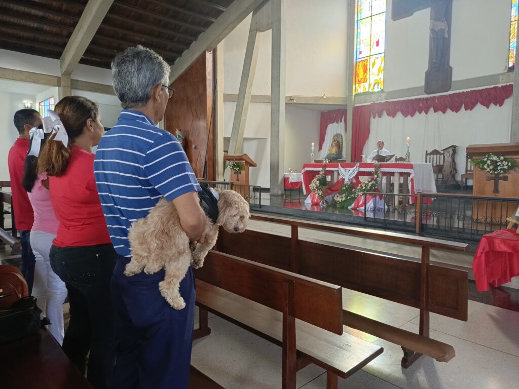 Los dueños cargando a sus mascotas participaron en esta eucaristía especial