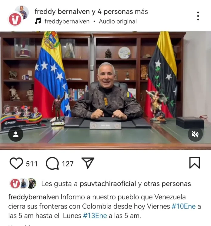 El anuncio lo hizo el gobernador de Táchira en sus redes digitales