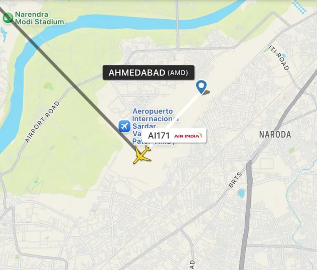 Ubicación del sitio del trágico accidente. El avión se estrelló al despegar en el aeropuerto de Ahmedabad, en India