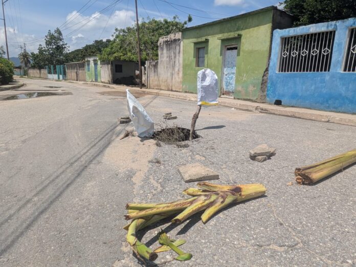 Señalaron que el problema se presenta al final de la Avenida Bolívar, donde hay baches, grietas y un hueco profundo, al cual tuvieron que ponerle ramas y piedras para alertar a quienes circulan por la zona.